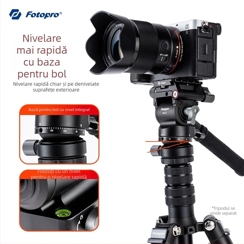 Fotopro cap de gimbal hidraulic cu montură bowl pentru camere fără oglindă – universal, aliaj de aluminiu, rotație verticală 360°, rotație orizontală 90°, 0,4 kg