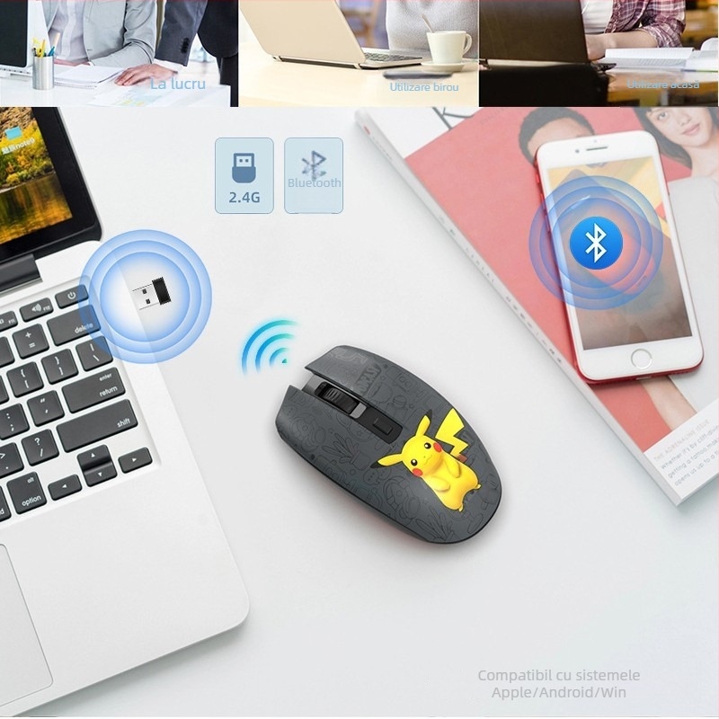 T3 mouse wireless Bluetooth, silențios, design 3D pictat, optic, dual-mod pentru PC