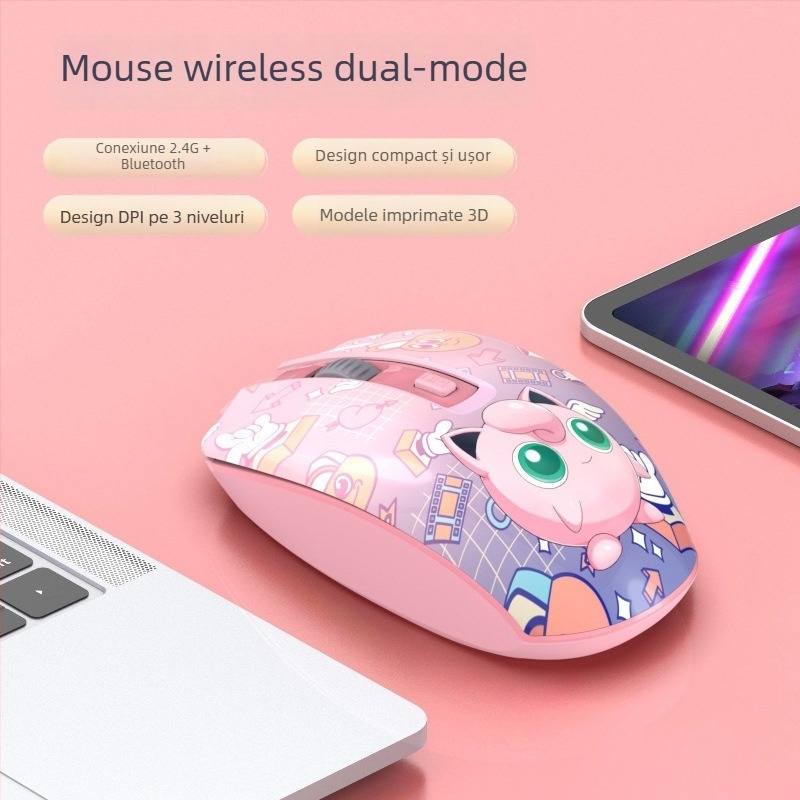 T3 mouse wireless Bluetooth, silențios, design 3D pictat, optic, dual-mod pentru PC