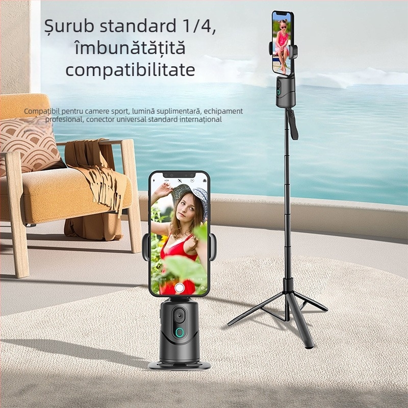 Gimbal pentru smartphone pentru birou cu urmărire AI, rotire 360° pan/tilt, compatibil cu telefoane, greutate 290 g