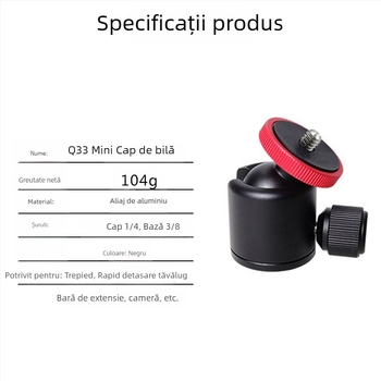 Cap mini Pan/Tilt metal pentru telefon și cameră — rotație 360° orizontală și verticală, montaj cu șuruburi de 3/8- și 1/4- inch, aliaj de aluminiu, 104 g