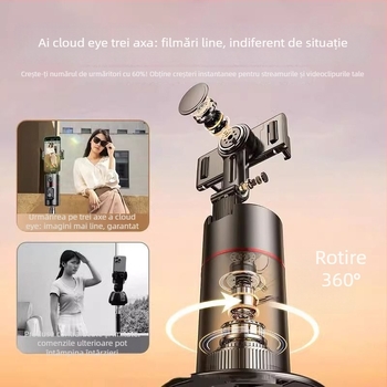 Gimbal desktop cu trei axe, rotire de 360°, urmărire în timp real și selfie automat (fără aplicație)