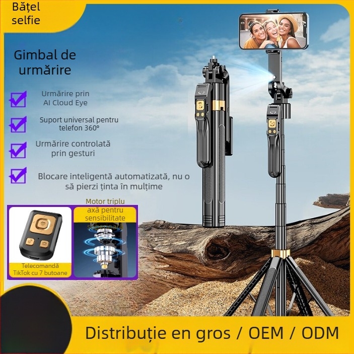 Selfie stick pentru telefon cu pan-tilt 360° urmărire și stabilizator cu patru axe pentru streaming live și fotografie
