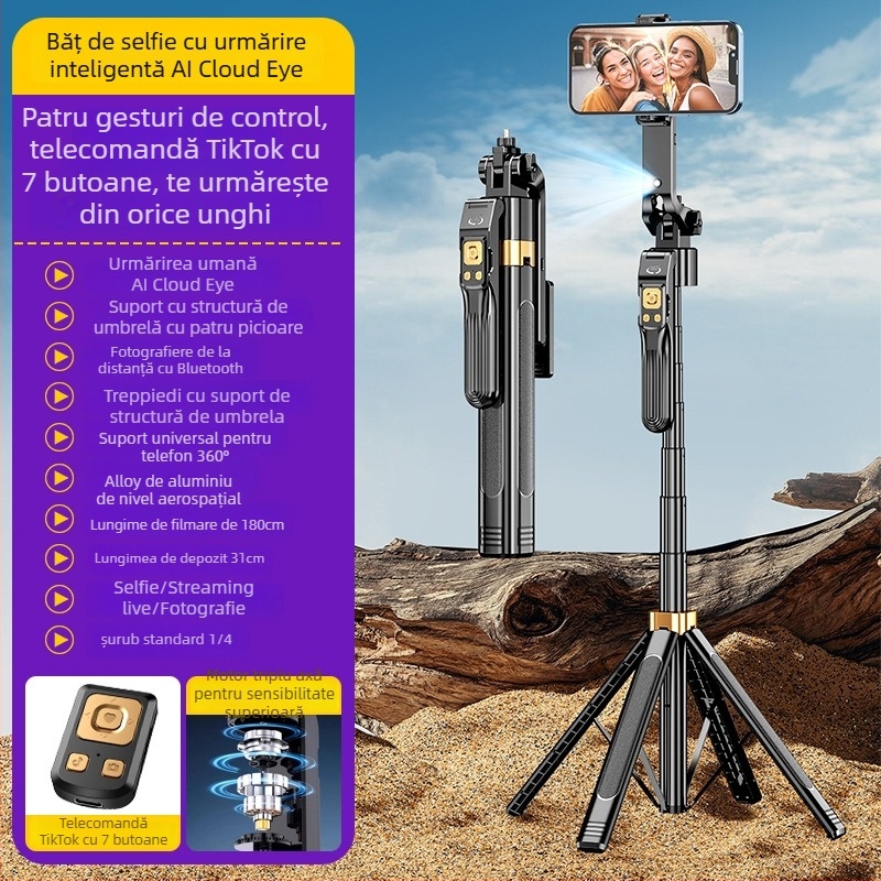 Selfie stick pentru telefon cu pan-tilt 360° urmărire și stabilizator cu patru axe pentru streaming live și fotografie