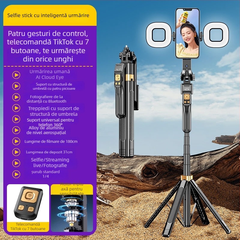 Selfie stick pentru telefon cu pan-tilt 360° urmărire și stabilizator cu patru axe pentru streaming live și fotografie