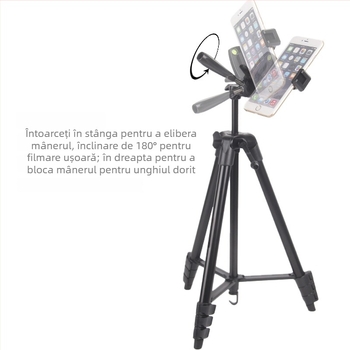 Tripod pentru cameră și telefon, 4 secțiuni, corp din aliaj de aluminiu și plastic, 3D gimbal, placă cu eliberare rapidă, sarcină 2 kg