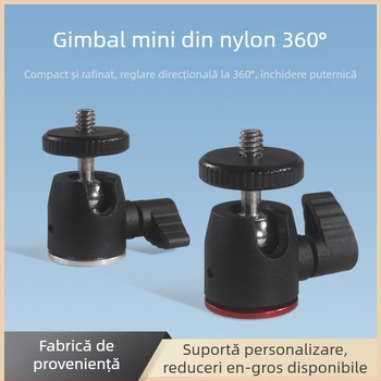 Cap de gimbal mini pentru trepied, rotație orizontală 360°, verticală 90°, șurub standard 1/4, construcție nylon-metal, 32 g, pentru telefoane și camere