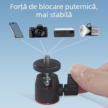 Cap de gimbal mini pentru trepied, rotație orizontală 360°, verticală 90°, șurub standard 1/4, construcție nylon-metal, 32 g, pentru telefoane și camere