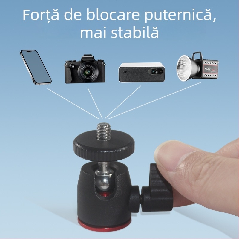 Cap de gimbal mini pentru trepied, rotație orizontală 360°, verticală 90°, șurub standard 1/4, construcție nylon-metal, 32 g, pentru telefoane și camere