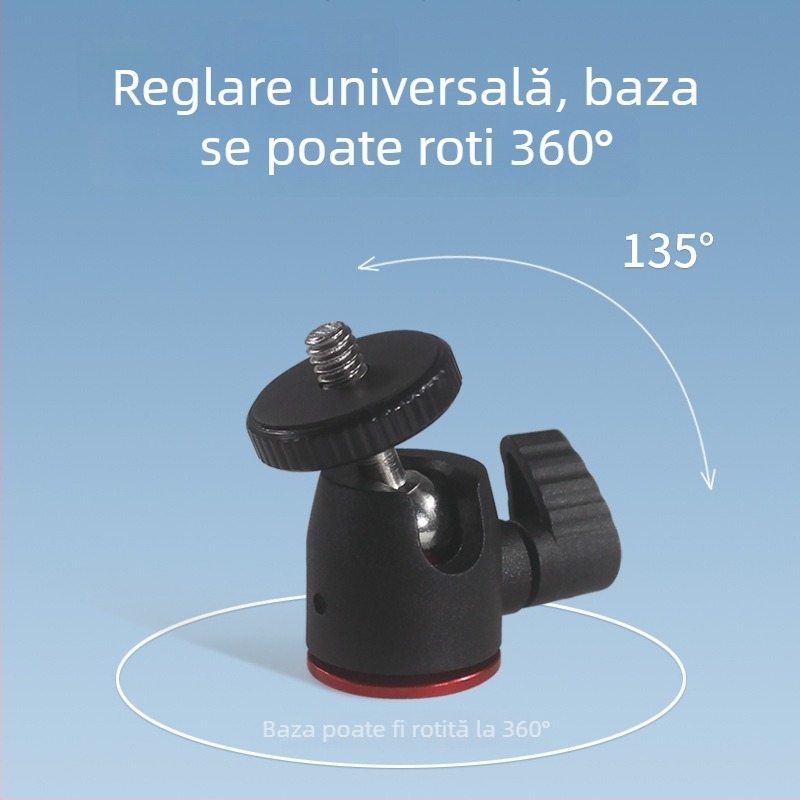 Cap de gimbal mini pentru trepied, rotație orizontală 360°, verticală 90°, șurub standard 1/4, construcție nylon-metal, 32 g, pentru telefoane și camere