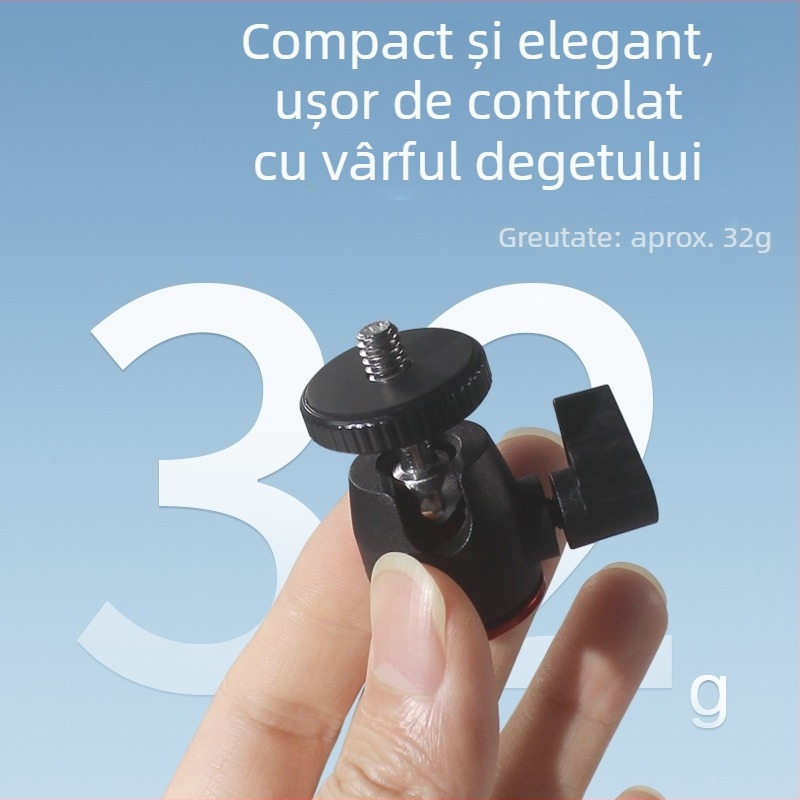 Cap de gimbal mini pentru trepied, rotație orizontală 360°, verticală 90°, șurub standard 1/4, construcție nylon-metal, 32 g, pentru telefoane și camere