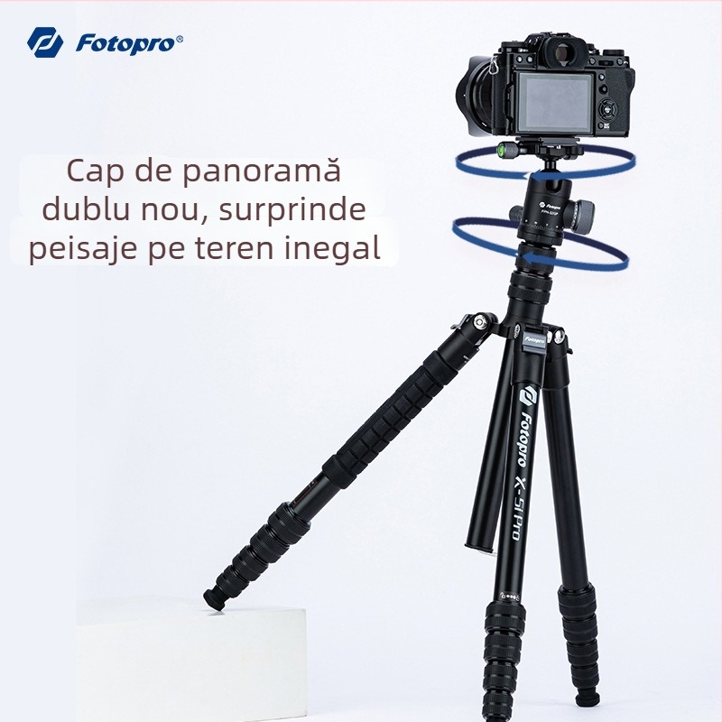 Fotopro X5I PRO trepied din aluminiu cu cap hidraulic, 5 secțiuni, sarcină 6–10 kg, plăcuță de eliberare rapidă