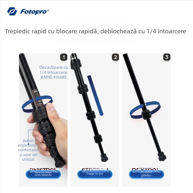 Fotopro X5I PRO trepied din aluminiu cu cap hidraulic, 5 secțiuni, sarcină 6–10 kg, plăcuță de eliberare rapidă