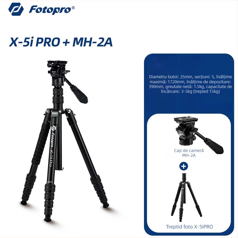 Fotopro X5I PRO trepied din aluminiu cu cap hidraulic, 5 secțiuni, sarcină 6–10 kg, plăcuță de eliberare rapidă