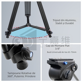 Trepied pentru cameră Jiawei JW1850 cu cap hidraulic, aliaj de aluminiu, 3 secțiuni, placă cu eliberare rapidă, încărcare 6–10 kg