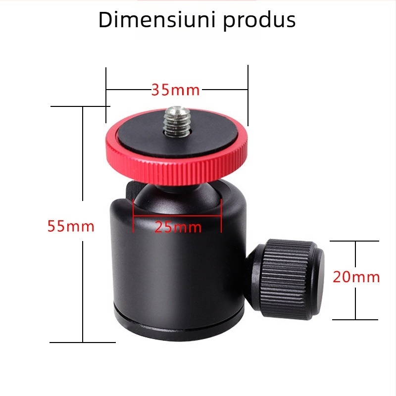 Gimbal mic din aluminiu cu panoramă și înclinare de 360° pentru telefoane și camere, compatibil cu șuruburi de montaj 3/8 și 1/4, greutate 104 g