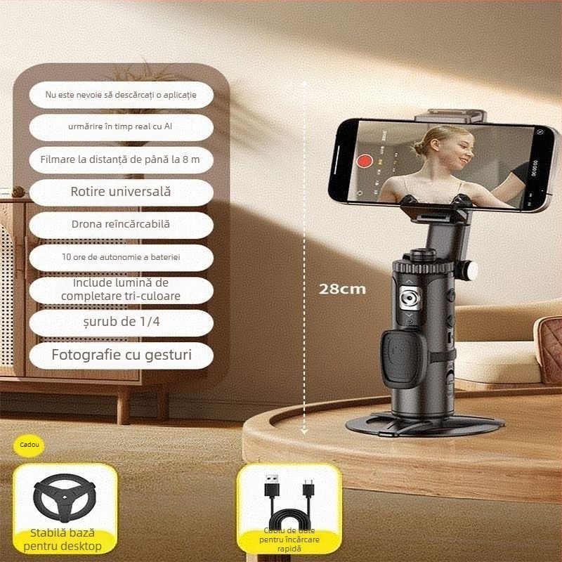 Gimbal de călătorie cu urmărire facială și filmare stabilă, rotire 360° orizontală și 360° verticală, portabil, greutate 800 g