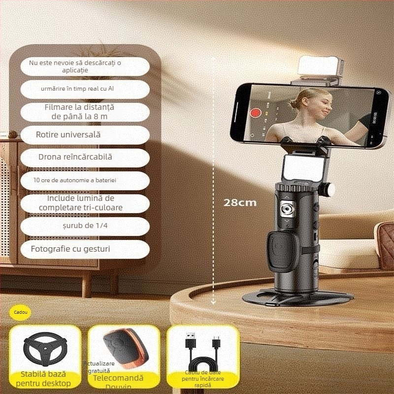 Gimbal de călătorie cu urmărire facială și filmare stabilă, rotire 360° orizontală și 360° verticală, portabil, greutate 800 g