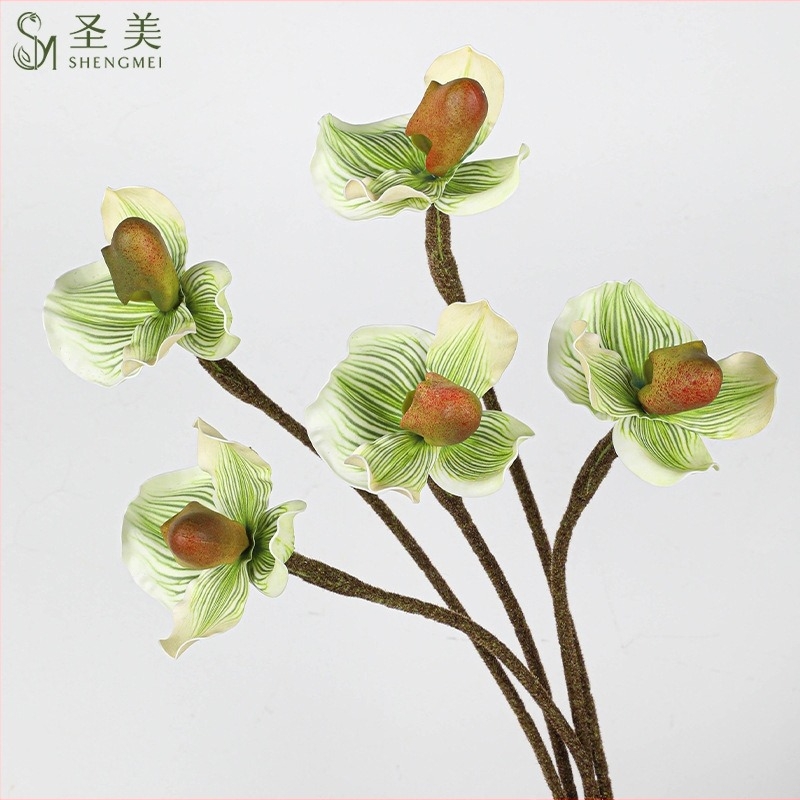 Floare artificială Paphiopedilum slipper orchid — Holy Beauty, PVC moale, stilizare, varietate 38662365760, pentru nuntă, exterior, recuzită de fotografie, decor acasă