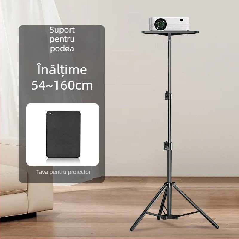 Tripod podea pentru proiector cu braț reglabil, fără găuri, universal pentru casă; 3 secțiuni; material: aliaj de aluminiu și oțel cu conținut de carbon; înălțime maximă 210 cm; diametrele țevi 1.6/1.9/2.2 cm
