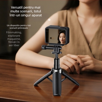 Tripod pentru DJI Pocket 3 și camere de acțiune — aliaj de aluminiu, design cu 5 secțiuni, încărcare 2–5 kg, greutate 350 g, dimensiuni 5×6×15 cm