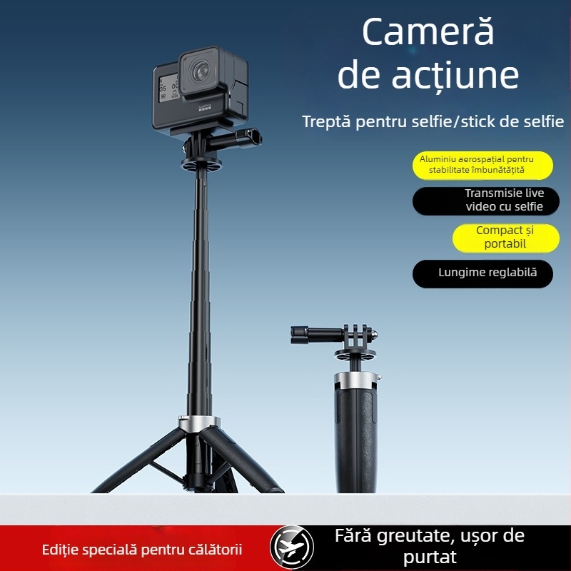 Tripod pentru DJI Pocket 3 și camere de acțiune — aliaj de aluminiu, design cu 5 secțiuni, încărcare 2–5 kg, greutate 350 g, dimensiuni 5×6×15 cm