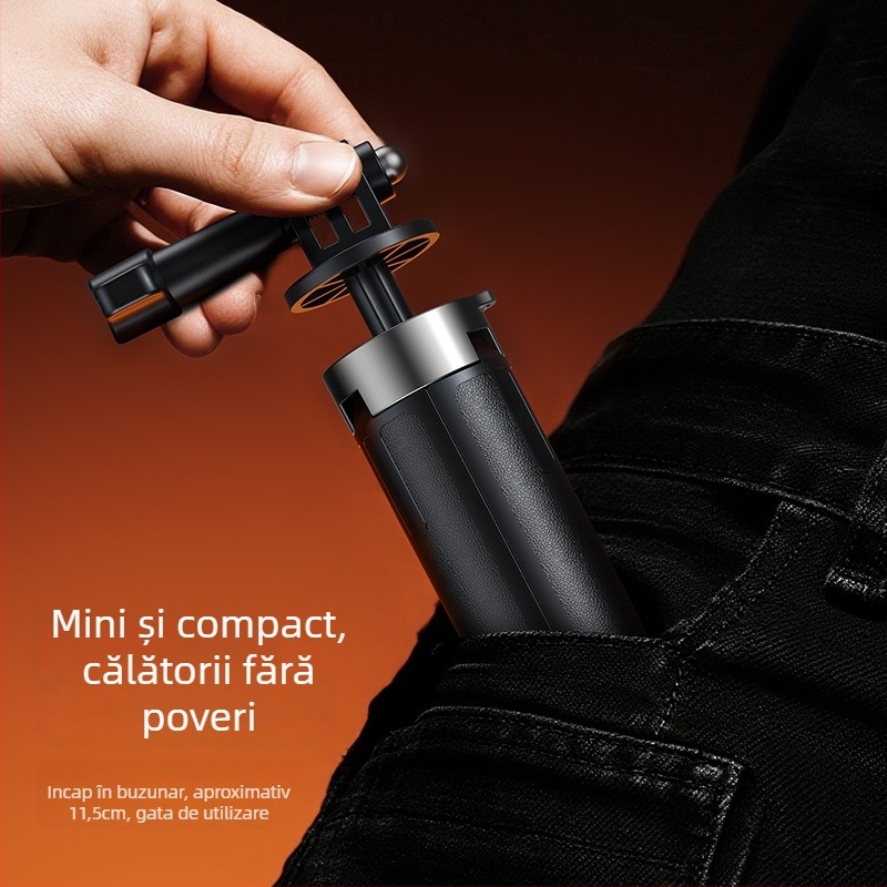 Tripod pentru DJI Pocket 3 și camere de acțiune — aliaj de aluminiu, design cu 5 secțiuni, încărcare 2–5 kg, greutate 350 g, dimensiuni 5×6×15 cm