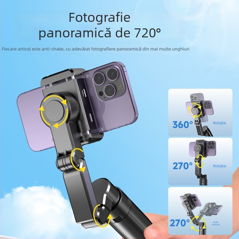Stabilizator de gimbal portabil cu iluminare încorporată pentru telefoane mobile – corp din aliaj de aluminiu, compatibil universal cu telefoane, urmărire panoramică