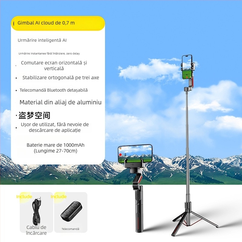 Stabilizator de gimbal portabil cu iluminare încorporată pentru telefoane mobile – corp din aliaj de aluminiu, compatibil universal cu telefoane, urmărire panoramică