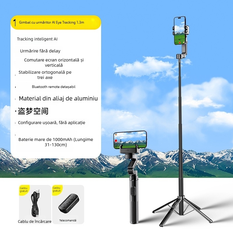 Stabilizator de gimbal portabil cu iluminare încorporată pentru telefoane mobile – corp din aliaj de aluminiu, compatibil universal cu telefoane, urmărire panoramică