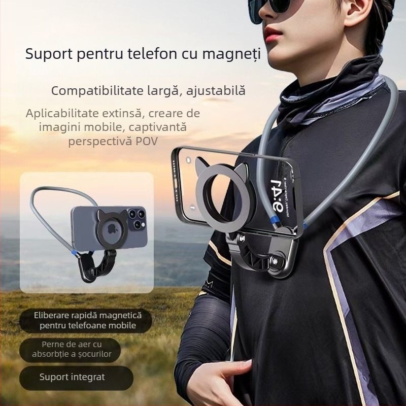 Suport de gât pentru telefon cu sistem magnetic pentru perspectivă la primul persoană, pentru streaming live, din plastic, potrivit pentru ciclism, pescuit și sporturi în aer liber