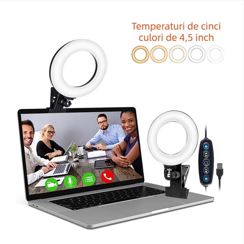 HYXG Lampa circulară LED pentru videoconferințe, cu 5 temperaturi de culoare, 5V, 3000–7000K, CE/ROHS/FCC
