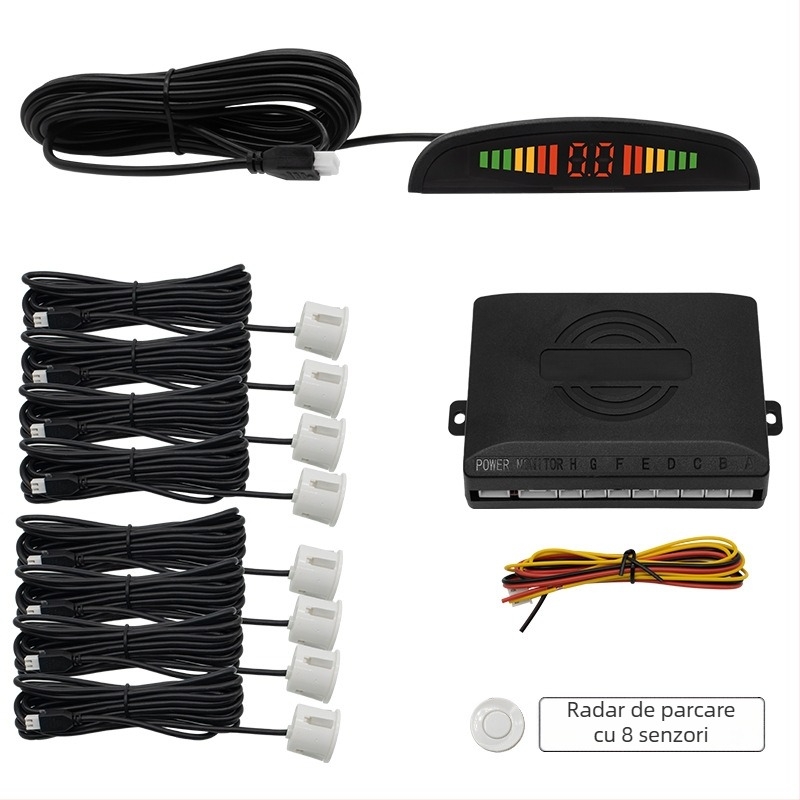 Radar de parcare universal pentru mașină, afișaj LED în formă de semilună, 8 sonde, avertizare sonoră, alimentare 12V