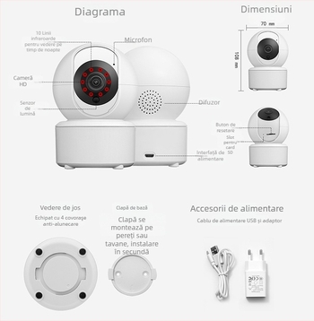 ICSEE Cameră wireless pentru casă — alimentare 5V, PTZ din Plastic, montaj pe perete, pe tavan sau pe suprafață plană