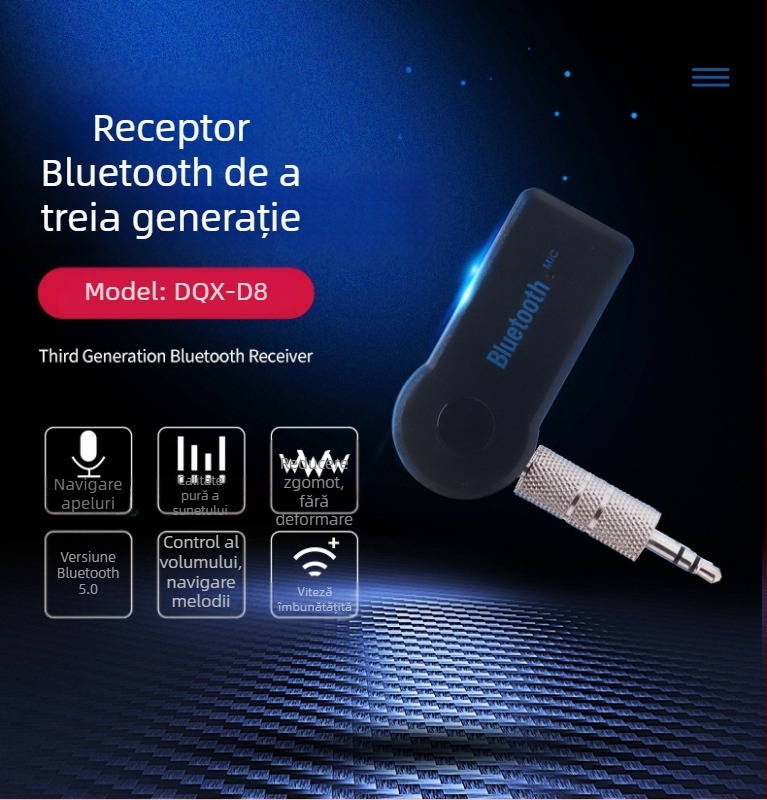 Receptor Bluetooth pentru volanul mașinii cu MP3 player, plug‑and‑play hands-free, carcasă ABS, intrare 5V, cablu 3 m