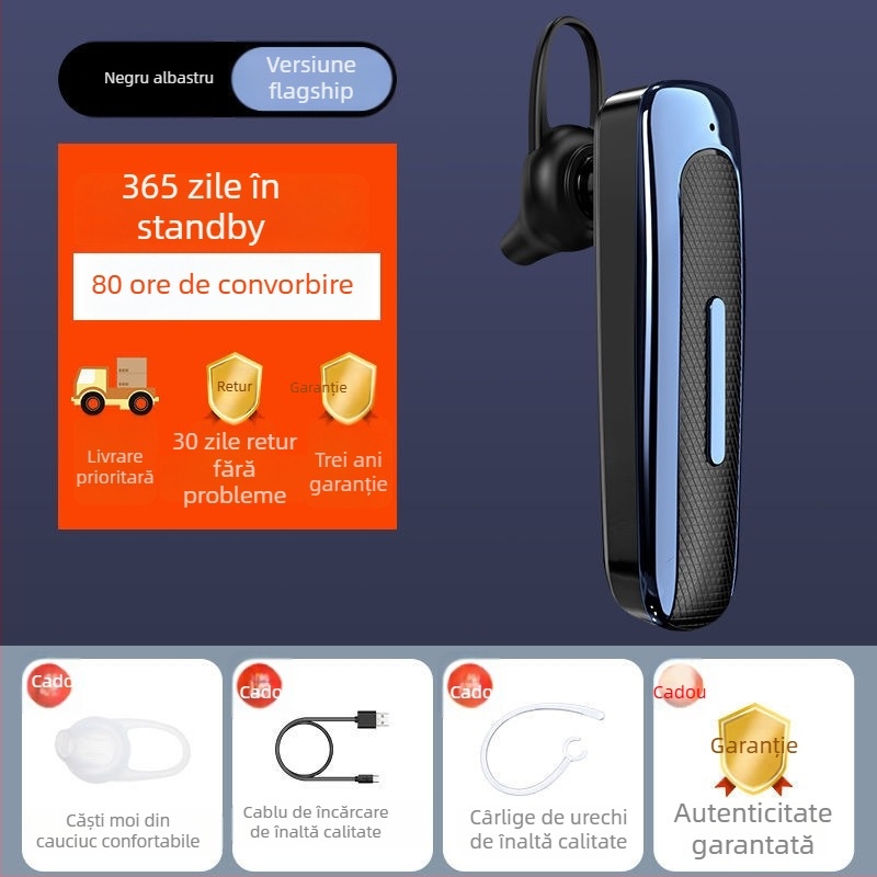 Cască Bluetooth fără fir 5.0, monofon, design compact pentru mașină, apeluri hands-free, autonomie lungă, IPX4 rezistent la apă, latență redusă pentru sport