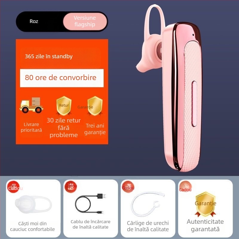 Cască Bluetooth fără fir 5.0, monofon, design compact pentru mașină, apeluri hands-free, autonomie lungă, IPX4 rezistent la apă, latență redusă pentru sport
