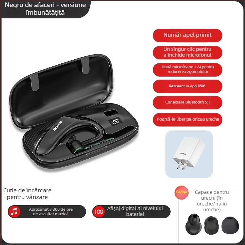 Căști Bluetooth fără fir, cu un singur difuzor pentru ureche, stil sport, pentru condus, reducere zgomot, autonomie ultra-lungă a bateriei