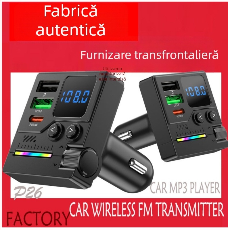Player MP3 pentru mașină cu Bluetooth hands-free, transmițător FM, lumină ambientală și încărcător auto (Brand: Syed; Model: P2; Material: ABS)