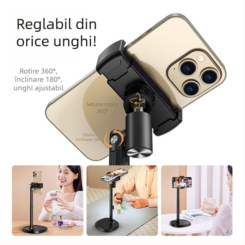 Suport pentru telefon din aliaj de aluminiu pentru streaming pe desktop – înălțime reglabilă, filmare dinspre sus, bază întărită