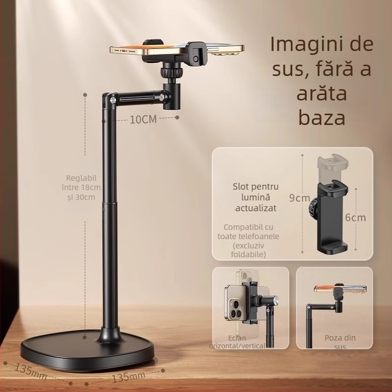 Suport pentru telefon din aliaj de aluminiu pentru streaming pe desktop – înălțime reglabilă, filmare dinspre sus, bază întărită