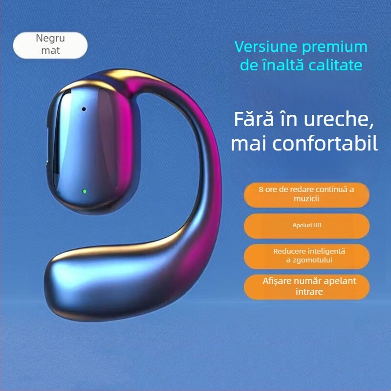 Cască Bluetooth wireless pentru un singur ureche, clip de ureche, montare pe ureche, Bluetooth 5.0, rază de 10 m, stil sport, autonomie 4–8 ore