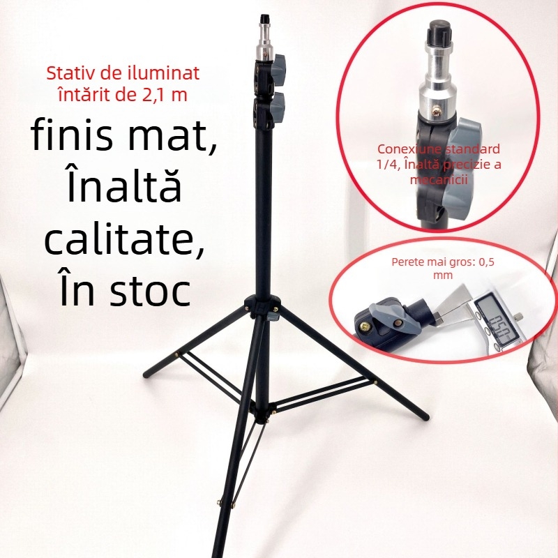 Suport de lampă și trepied foto din oțel de carbon, cu 3 noduri, înălțime de lucru 0,7–2,1 m, diametrul tuburilor 16–25 mm, încărcare 7–10 kg.