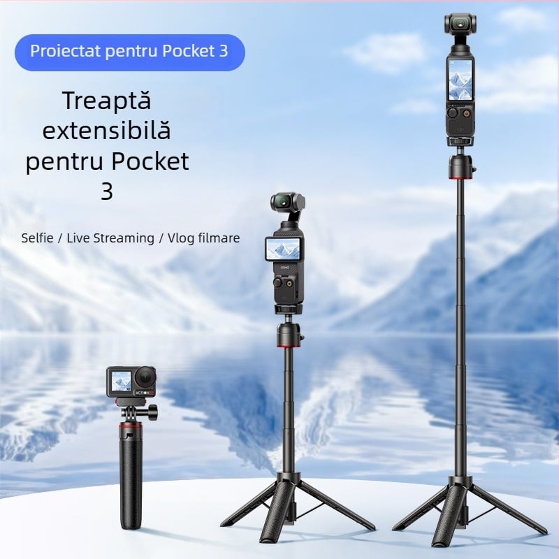 Maner extensibil mini cu trepied pentru selfie pentru camera de acțiune, compatibil DJI Action 4/5 Pro/6, Pocket 3 și GoPro, Material: aliaj de aluminiu + ABS + silicon, Imprimare logo (serigrafie/gravare laser), Garanție 3 luni