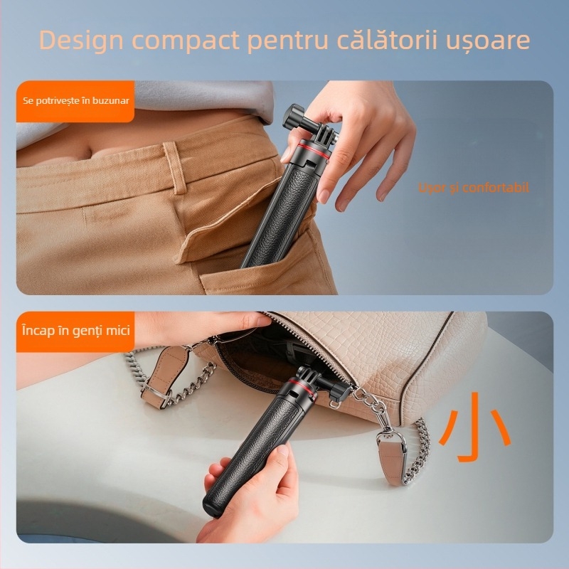Maner extensibil mini cu trepied pentru selfie pentru camera de acțiune, compatibil DJI Action 4/5 Pro/6, Pocket 3 și GoPro, Material: aliaj de aluminiu + ABS + silicon, Imprimare logo (serigrafie/gravare laser), Garanție 3 luni