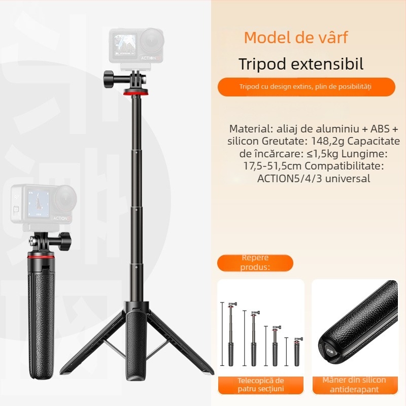 Maner extensibil mini cu trepied pentru selfie pentru camera de acțiune, compatibil DJI Action 4/5 Pro/6, Pocket 3 și GoPro, Material: aliaj de aluminiu + ABS + silicon, Imprimare logo (serigrafie/gravare laser), Garanție 3 luni