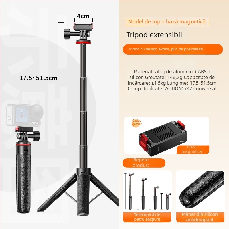 Maner extensibil mini cu trepied pentru selfie pentru camera de acțiune, compatibil DJI Action 4/5 Pro/6, Pocket 3 și GoPro, Material: aliaj de aluminiu + ABS + silicon, Imprimare logo (serigrafie/gravare laser), Garanție 3 luni