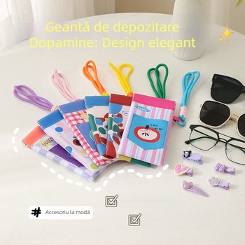 Pungă pentru ochelari cu atașament la gât și buzunar pentru card, husă portabilă din PU pentru ochelari, unisex, respirabilă, ultra-ușoară