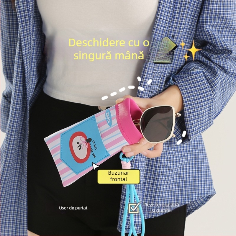 Pungă pentru ochelari cu atașament la gât și buzunar pentru card, husă portabilă din PU pentru ochelari, unisex, respirabilă, ultra-ușoară