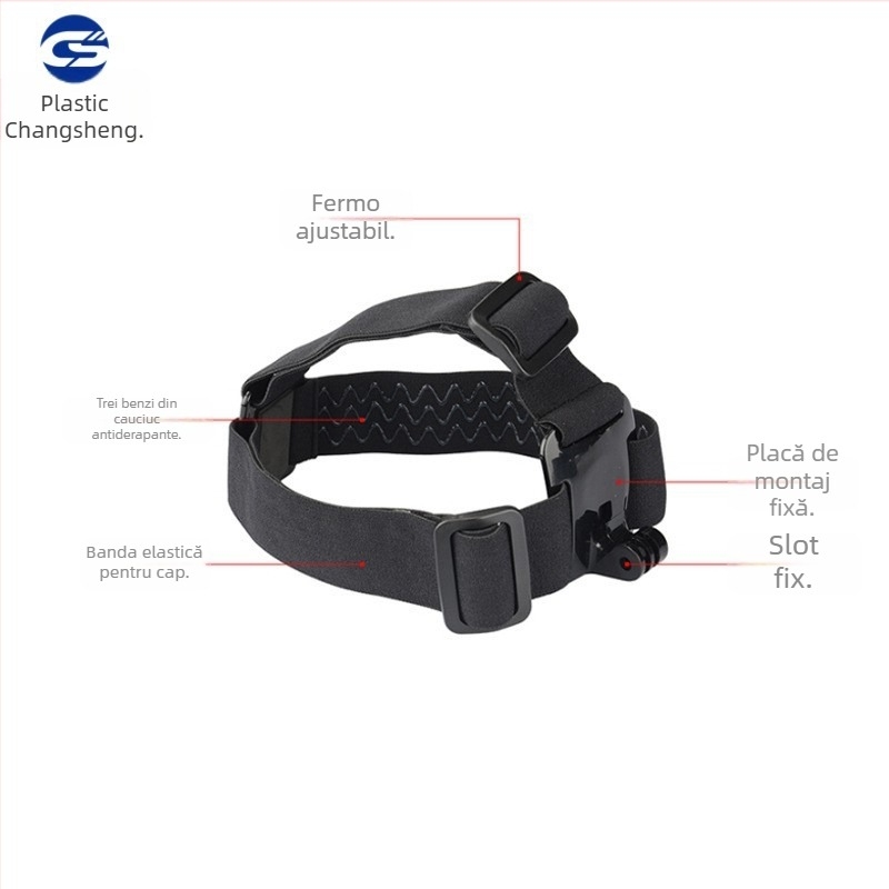 Bandă pentru cap pentru GoPro/ camere de acțiune și Insta360, construcție din plastic, imprimare logo supportată, include curea de cap din cauciuc